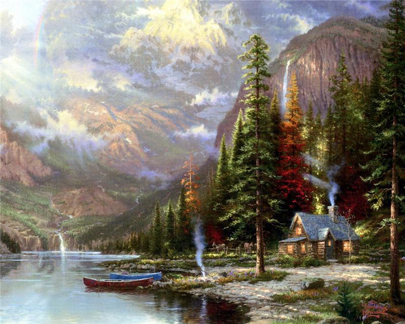 Художник очень. Томас Кинкаде живопись горы. Горный пейзаж Thomas Kinkade художник. Американский художник Томас Кинкейд картины. Картины пейзажи Томас Кинкейд.